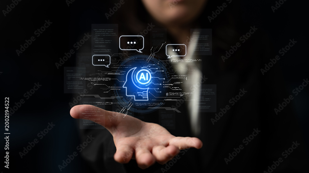 Fototapeta premium Artificial intelligence AI virtual assistant chatbot automates search and report with conversational chat support data for teams. LLM AI deep learning use generative AI for work support. NLP. Corpus