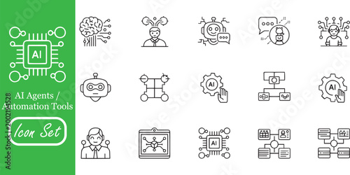 AI Agents and Automation Icons: Autonomous AI Workflows, Neural Network Brain, Machine Learning Bots, and Intelligent Process Automation Linear Icons for Tech & SaaS UI Design