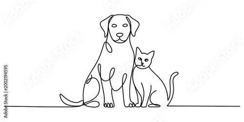 Continuous single line drawing of a cute dog and a cat sitting together as best friends, simple minimalist animal art illustration Vector, illustration