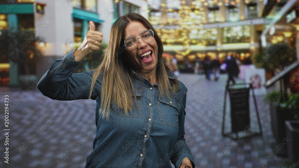 Fototapeta premium Woman gives thumbs up with visible hands and smiling face on a busy street with festive lights and storefronts; cheerful optimism.