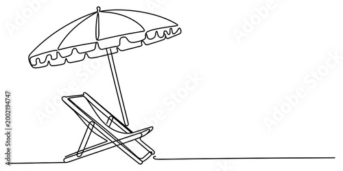Continuous single line drawing of a beach umbrella and a folding chair for summer vacation travel and relaxing holiday concept Vector, illustration