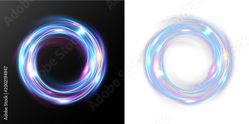 Abstract neon blue circular light ring with glowing energy swirl loop dynamic luminous halo futuristic spiral effect isolated on black background
