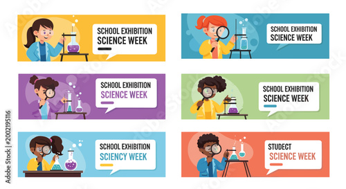 Set of educational banners featuring diverse children conducting experiments in a science laboratory for school exhibition week.