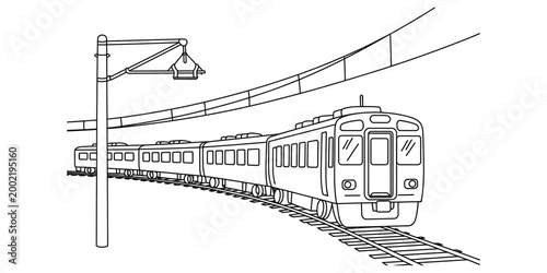 Black and white line art drawing of a modern passenger train traveling on railway tracks with overhead electric power lines above Vector, illustration