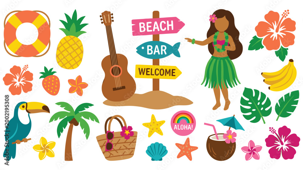Naklejka premium Hawaiian summer themed vector icons collection on white background.