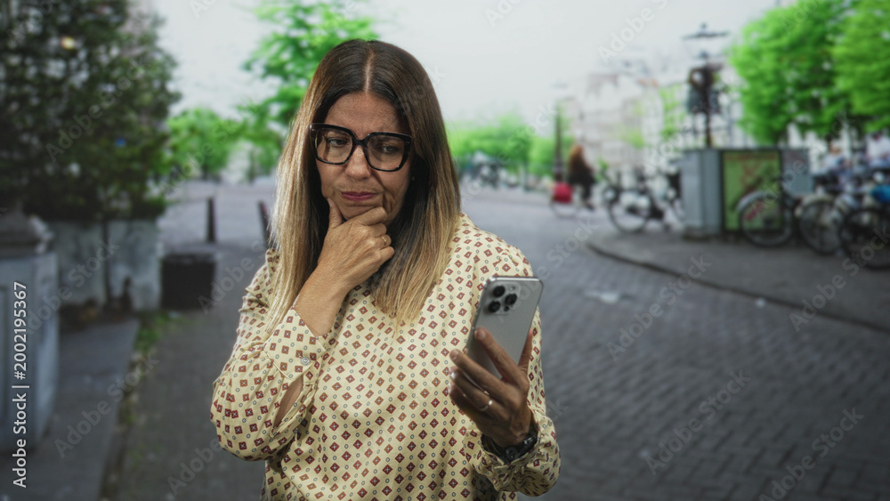 Fototapeta premium Middle aged woman holding smartphone and touching chin, looking puzzled amid bicycles on a cobblestone street; doubt.