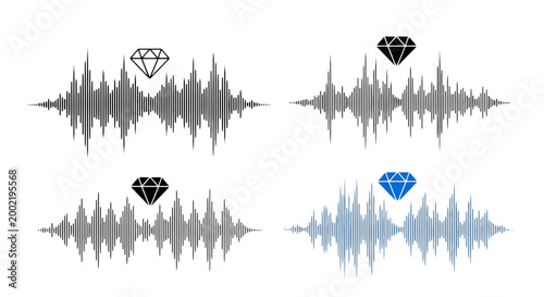 Digital audio waveform vector set, sound wave frequency icons with diamond symbols, music production signal visualization, 4 graphic elements