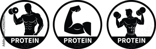 Gym fitness and protein icons muscular bodybuilder silhouette badge set vector illustration