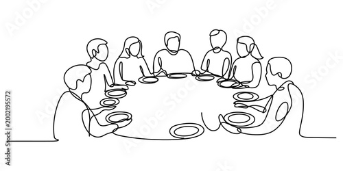Continuous single line drawing of a group of people sitting together around a round dining table for a shared meal or business meeting Vector, illustration
