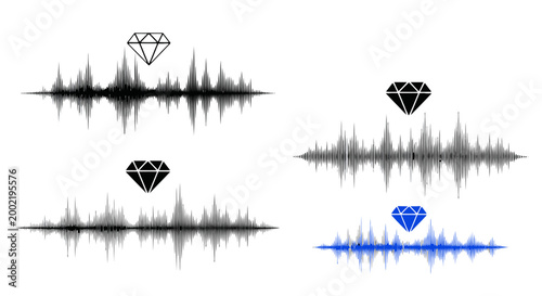 Minimalist audio waveform with diamond icon set, digital sound wave frequency collection, black and blue music equalizer bars for podcast and radio