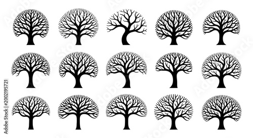 Minimalist tree silhouette collection, 15 black oak tree icons with bare branches, organic nature vector set for logo design and environmental branding