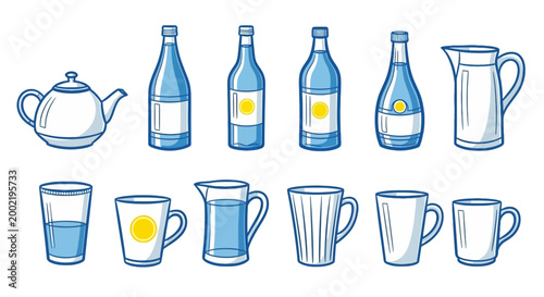 Minimalist beverage container icons, blue line art water bottles and ceramic mugs, 12 vector drinkware elements for kitchen and cafe branding
