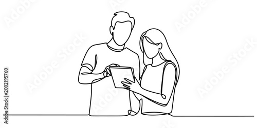 Young couple looking at a tablet screen together in a continuous single line drawing style representing technology and connection in daily life Vector, illustration