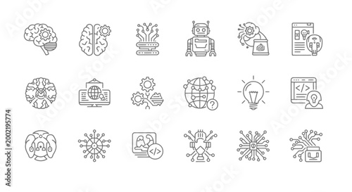 Artificial intelligence line icons set, 18 vector elements for machine learning and neural networks, digital brain and robotics technology symbols