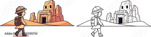 Cartoon Explorer with Backpack Discovering Ancient Ruins in Desert Landscape
