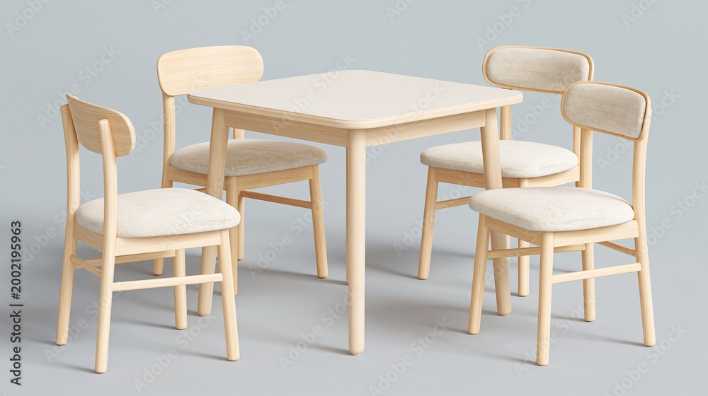 Fototapeta premium Modern wooden dining table set with four matching chairs featuring light-colored wood and soft fabric seats, arranged in a minimalist indoor setting