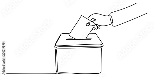 Continuous line drawing of a hand casting a ballot paper into a voting box to represent the concept of democracy and election participation Vector, illustration