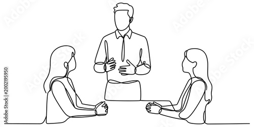 Business leader giving a presentation to colleagues in a meeting room drawn in a simple continuous single line art style illustration Vector, illustration