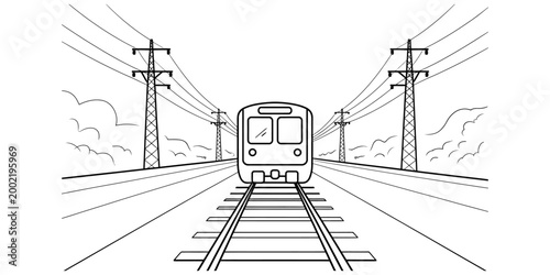 A passenger train traveling on railroad tracks near electric power lines depicted in a simple black and white line art drawing Vector, illustration