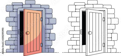 Cartoon Open Wooden Door in Stone Wall Entrance to Mystery or Opportunity
