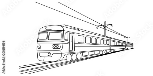A simple black and white line art drawing of a modern passenger train traveling on electric tracks for kids coloring book activity Vector, illustration