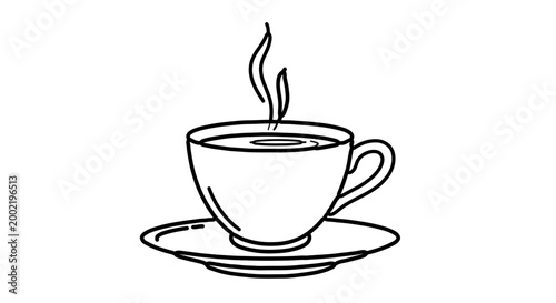 Steaming hot cup of coffee or tea on a saucer, simple line art icon
