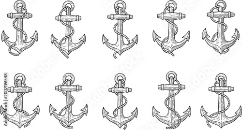 Vintage Nautical Anchor Collection, Hand-Drawn Vector Marine Symbols for Tattoo and Logo Design