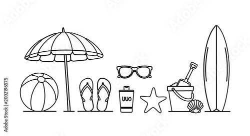 Beach vacation essentials line art collection