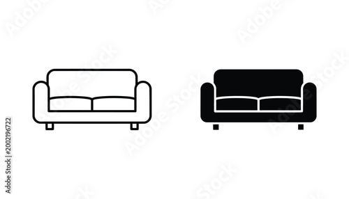 Comfortable couch icon set with outline and solid black silhouette design elements for interior design and furniture branding graphic projects on white background