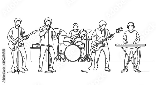 Line art illustration of a rock band performing on stage with singer, guitarist, drummer and keyboardist