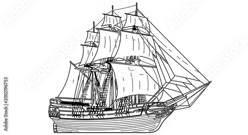 Vintage sailing ship line art illustration