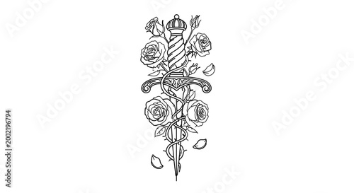 Dagger with roses and thorns tattoo design