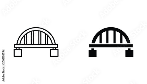 Arch bridge construction icon set with structural support pillars in outline and solid black style for civil engineering and urban planning projects