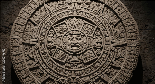 Ancient aztec sun stone calendar carving, historical mexican stone sculpture
