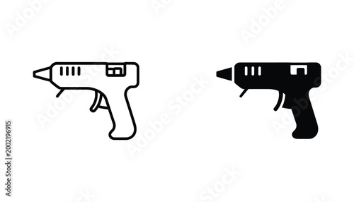 Glue gun tool icon set with nozzle and trigger in outline and solid black style for arts and crafts and DIY repair project tutorials
