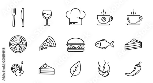 Food and restaurant line art icon set for menu design