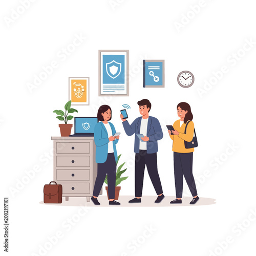 Flat vector illustration of three diverse professionals in an office using smartphones and tablets for cybersecurity management with shield icons on laptop and wall posters.