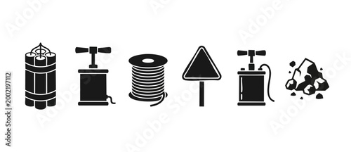 Dynamite Explosives Blasting Tools Icon Set - Industrial Demolition Equipment Symbols for Mining and Construction Projects, Vector Collection of Mining Gear Elements Isolated on White Background Graph