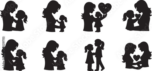 Mother and daughter silhouettes vector set showing love care family bonding in various poses and tender moments of affection parent child daughter silhouette relationship
