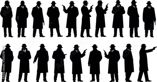 Mysterious Noir Detective Silhouette Vector Set Featuring Secret Agents in Trench Coats and Fedoras Holding Guns for Spy Investigation Themes
