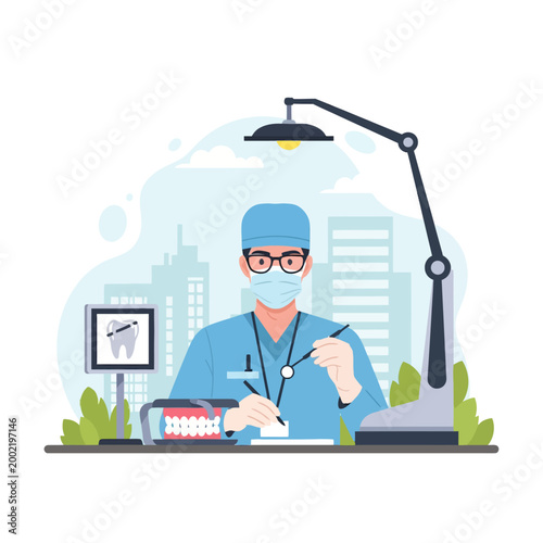Flat vector illustration of a male dentist wearing blue scrubs, surgical mask, and cap, working with dental tools, a tooth model, and an x-ray screen in a modern dental clinic setting.