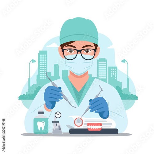 Professional dentist vector illustration wearing a mask, cap, glasses and gloves holding dental instruments including a mirror and probe with dentures and city skyline background.