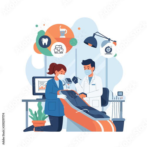 Flat vector illustration of a dentist and assistant wearing surgical masks and gloves while working in a modern dental clinic with medical icons and specialized equipment.