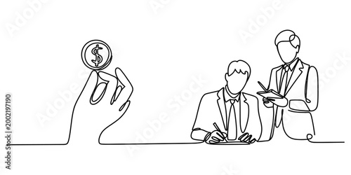 Foto Business people signing a contract while a hand holds a coin representing financ