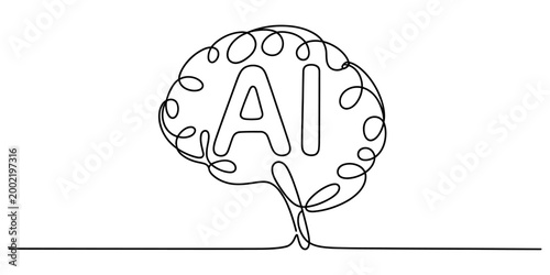 Continuous single line drawing of human brain shape with ai letters inside for artificial intelligence and smart technology concept Vector, illustration