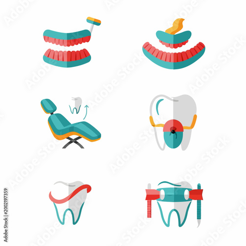 Set of six flat vector dental icons featuring prosthetic dentures, a teal dental examination chair, molars with orthodontic brackets, tooth extraction, and root canal treatment.