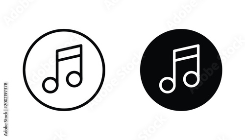 Musical eighth note icon in circular outline and solid black vector graphic variations