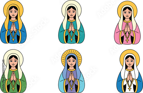 Vector illustration of Virgin Mary figures in colorful robes with rosary and prayer pose symbolism
