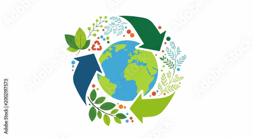 Earth globe surrounded by green recycling arrows and leafy branches representing sustainable waste management and environmental protection vector