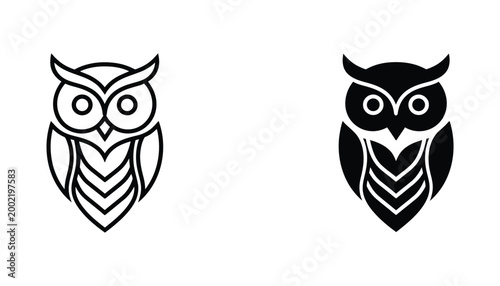 Billede på lærred Stylized owl icon in outline and solid black vector graphic forms for wisdom and